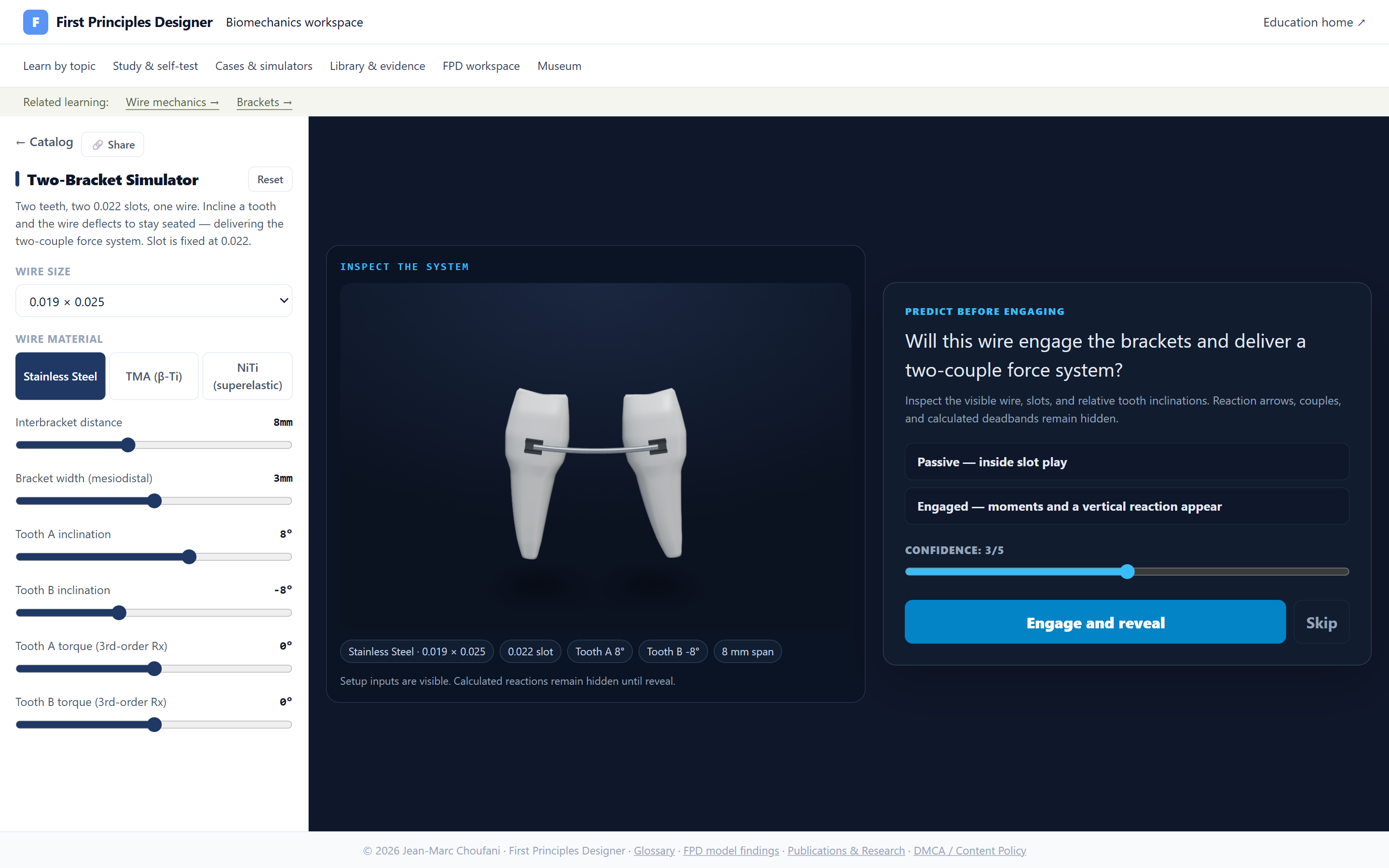 The live Two-Bracket Simulator: two 3D teeth with brackets and an engaged archwire, with wire size and material, inclinations and torques, and a predict-before-you-reveal panel.