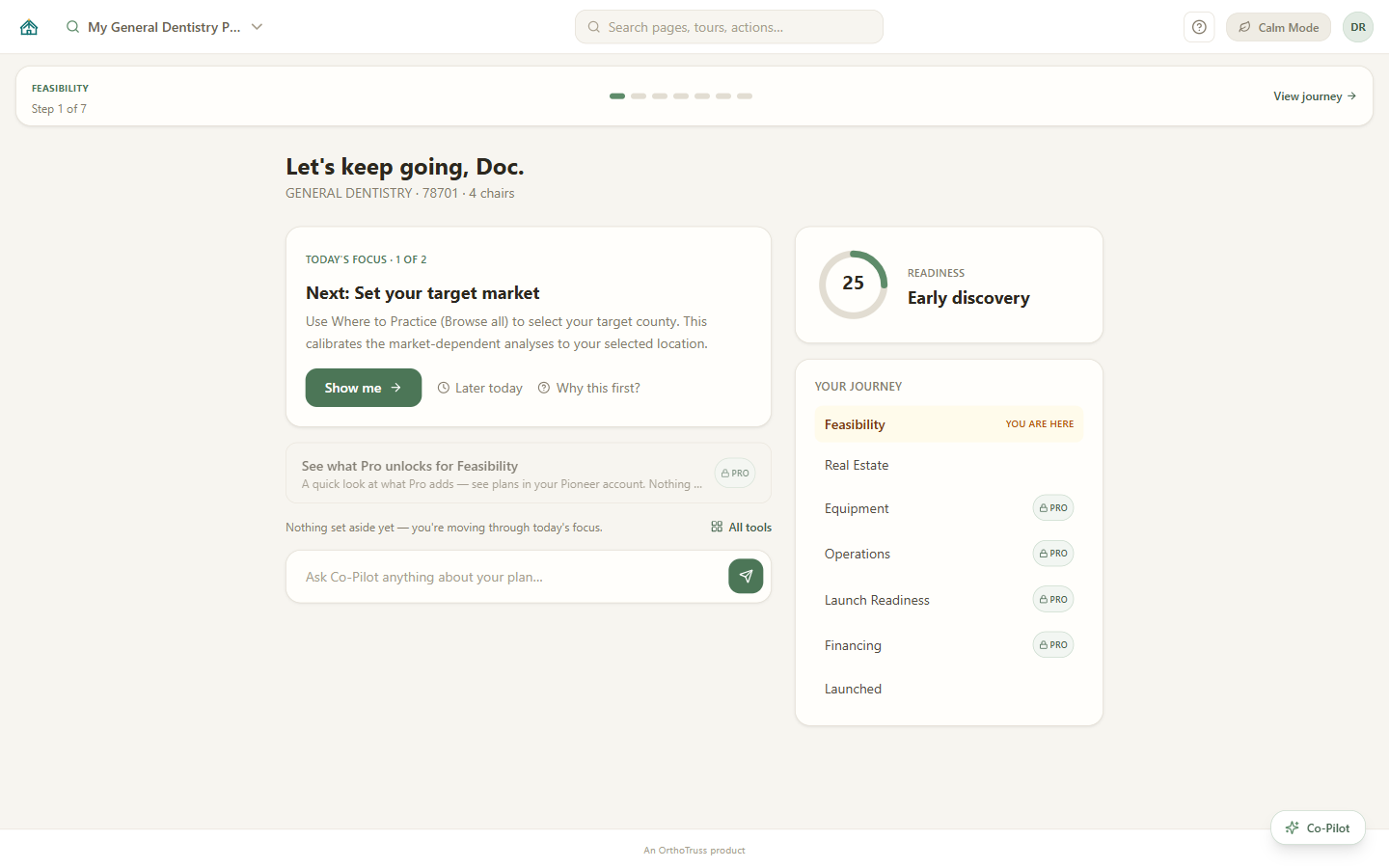 Calm Guide home in Practice Pioneer 2.0 with today’s focus card, readiness score, journey list, and Co-Pilot ask bar