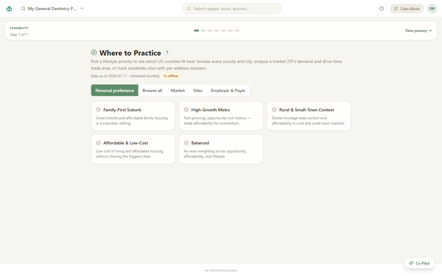 Practice Pioneer Market Explorer showing Texas counties and demographic context